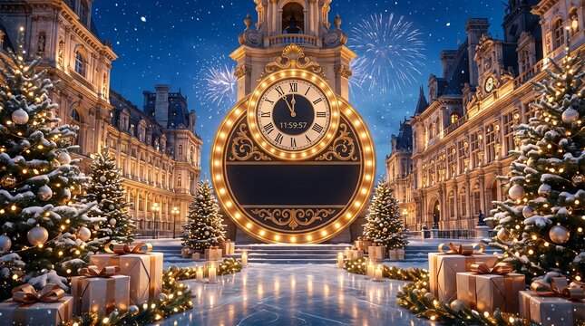 Happy new year background with beautiful fireworks over a night city
