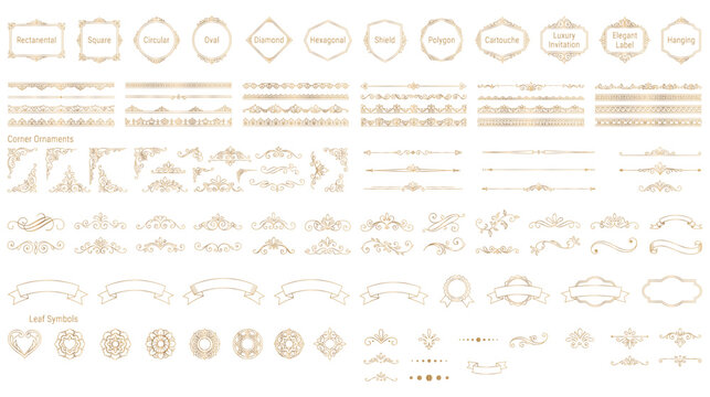 Set of gold decorative borders frames and page dividers.