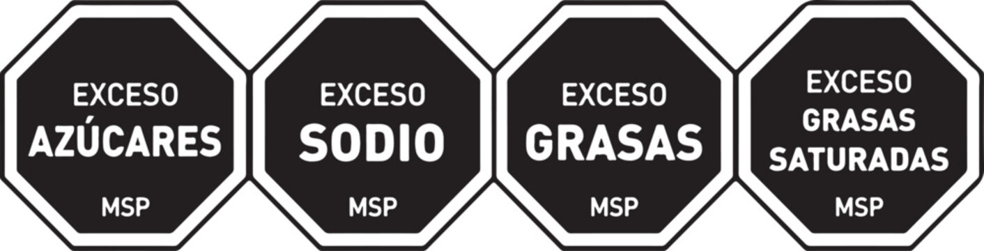 Set of front-of-package nutrition warning labels featuring Excess Sugars Sodium Fats and Saturated Fats in Spanish ideal for public health campaigns and food packaging design