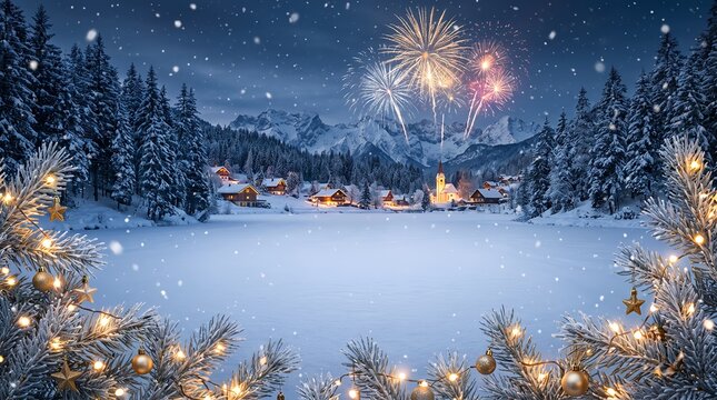 Festive new year celebration in alpine resort with fireworks and Christmas trees