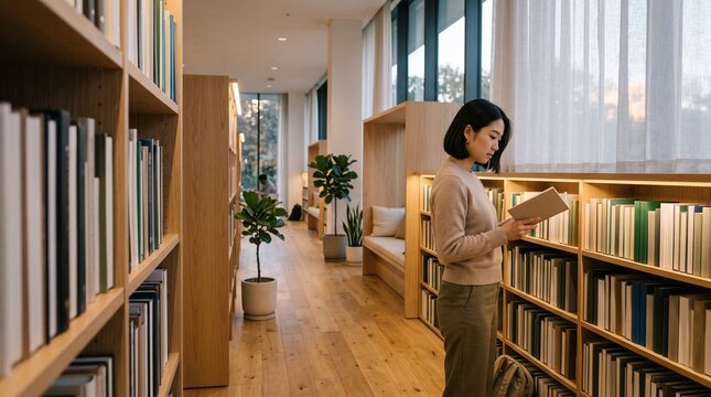 Focused young woman reading book beside shelves in bright contemporary library. Concept of student research, curriculum support, quiet concentration.