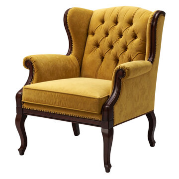 Vintage Mustard Wingback Accent Chair Angled Perspective Isolated on Transparent Background