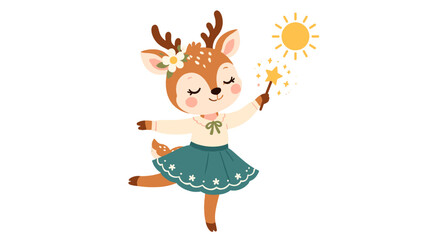 Cute deer ballerina character with wand and sun illustration © icon_art