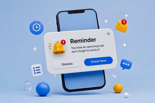 3D render of floating smartphone displaying upcoming task reminder notification with bell clock email and chat icons on blue background.