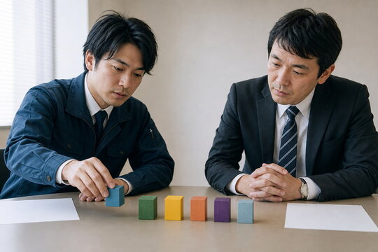 色付きブロックで処理施設の容量計画を比較する担当者