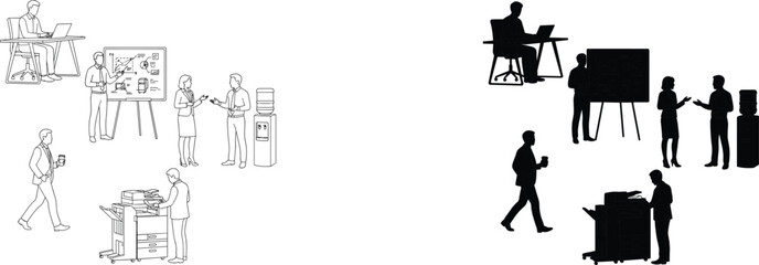 Obraz premium Flat vector illustration of diverse business people working in an office environment with workstations and equipment.