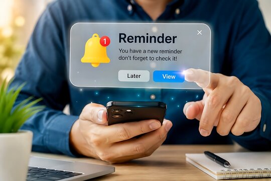 User clicking view on virtual reminder notification popup on smartphone screen, digital alarm alert and task management concept, personal organizer application.
