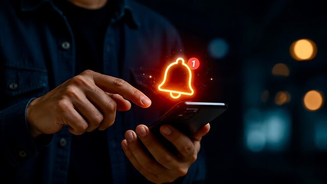 Glowing neon bell notification icon hovering over smartphone in dark background, new alert message and social media update concept on mobile device.