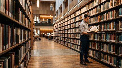 Obraz premium Young man searching books in long traditional university library aisle. Concept of subject literature search, student library skills, academic resource management.