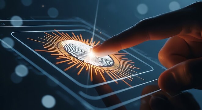 Finger touches screen illuminating fingerprint scan; modern technology concept