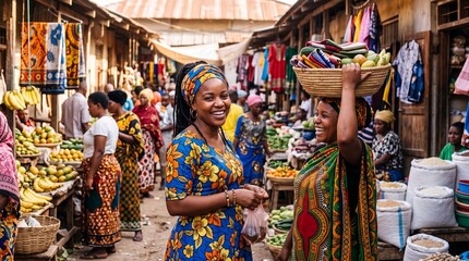 Obraz premium Beautiful cultural portrait of a happy African woman experiencing the vibrant community life of a local outdoor market.