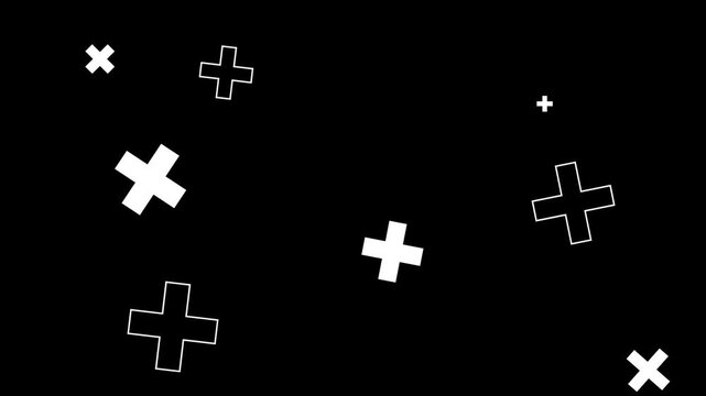 Animated white plus sign symbols floating against black background signs