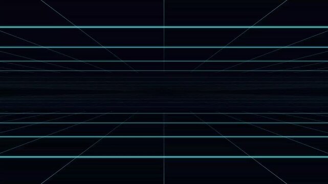 Neon blue grid lines moving through dark digital space perspective technology