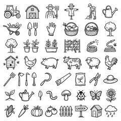 Fototapeta premium Farm and Garden Elements Collection - Hand Drawn Icons