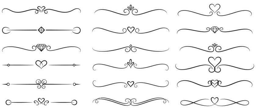 Collection of decorative flourishes and ornaments with hearts and diamonds divider swirl