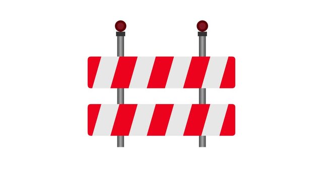 Red and white striped construction road barrier with flashing lights safety