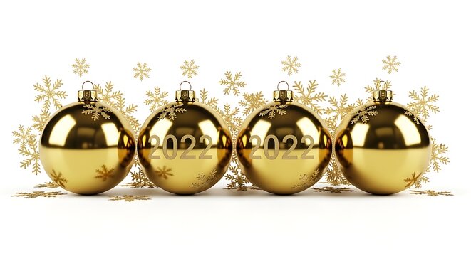 Four shiny gold Christmas ornaments with snowflakes and the year 2022 on them