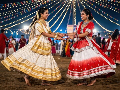 Dandiya raas dancers holding sticks &ndash; Navratri night under string lights
