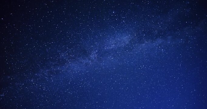 Time lapse of the Milky Way galaxy arching across a deep blue night sky filled with bright shining stars and cosmic dust