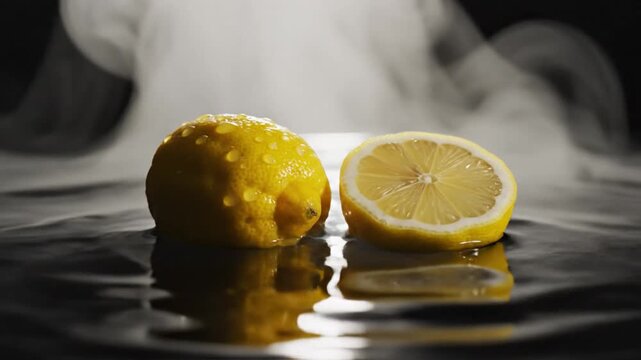 Whole yellow lemon with water droplets and halved citrus fruit floating in dark rippling water with rising white steam and mist, dramatic lighting and clear water reflections.