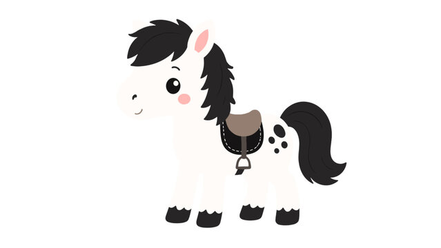Cute cartoon pony with saddle isolated on white background
