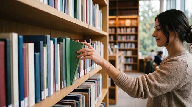Smiling young woman selecting green book from shelves in modern library. Concept of joyful book discovery, leisure reading promotion, public library engagement.