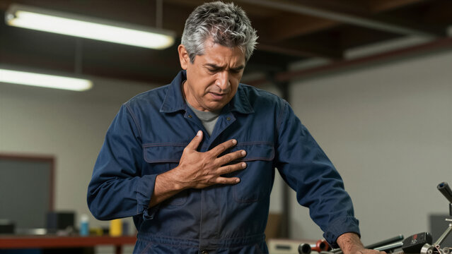 Mature mechanic in blue coverall suffering from sudden chest pain and heart attack in workshop. This senior worker experiences a medical emergency during industrial labor