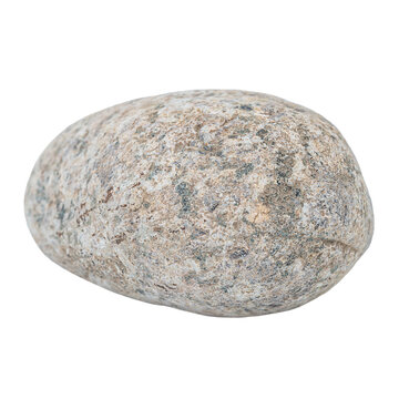 Gray round natural river stone with heterogeneous composition, spotted inclusions of red, white, black, isolated on transparent background with clipped path. Blank for artworks