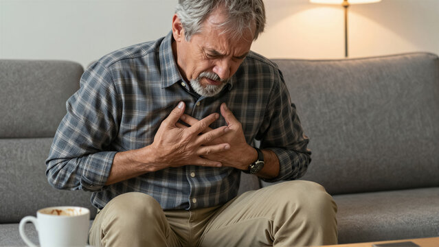 Senior man suffering sudden chest pain on a couch. He clutches his heart in distress. Medical emergency concept