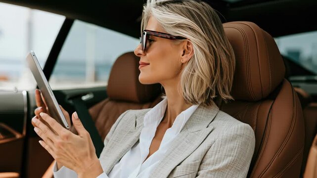 Woman health menopause tablet car interior, blonde woman with tablet car, women health menopause