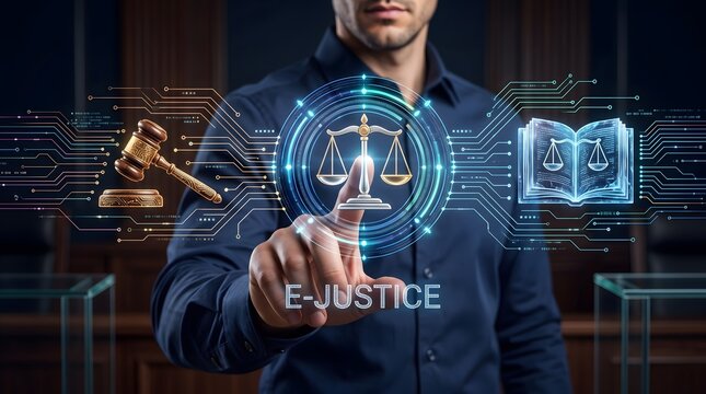 Modern law firm technology implementation featuring male attorney using e-justice holographic touch screen