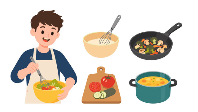 Boy cooking with bowls, pan, soup pot and cutting board