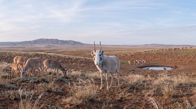 A unique horned saiga antelope looks directly toward the camera, standing peacefully within a dry summer pasture.