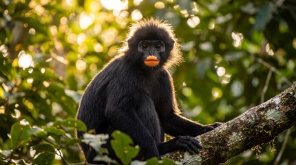 Fototapeta premium Majestic Colobus Congoensis Sitting on a Mossy Branch
