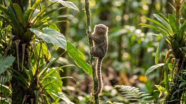 A small striped-tail pygmy marmoset finds a peaceful perch under a warm sunset sky with distinct lens flare bokeh.