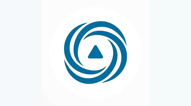Abstract blue swirl vortex vector logo design isolated on white background, minimalist circular geometric icon with a central triangle symbol for corporate branding.