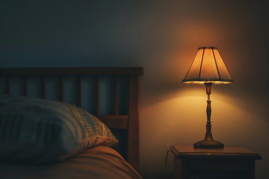 Cozy dimly lit bedroom interior with wooden headboard and bedside lamp casting warm glow