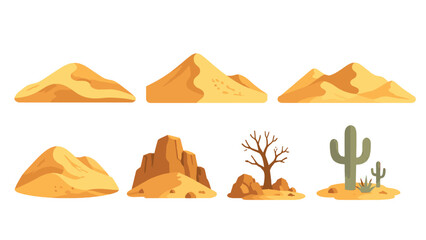 Set of desert landscape elements with dunes rocks tree and cacti
