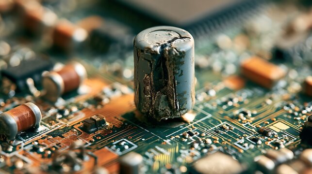 Damaged Electrolytic Capacitor on Electronic Circuit Board.