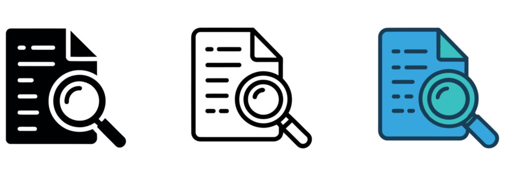 Set of document search icons with magnifying glass on paper in flat linear and color styles.