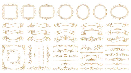 Golden vintage frames ribbons and elegant flourishes. © Ojufa
