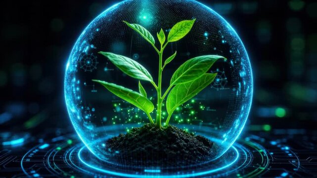 Green plant protected inside futuristic glowing digital globe with soil and technology background