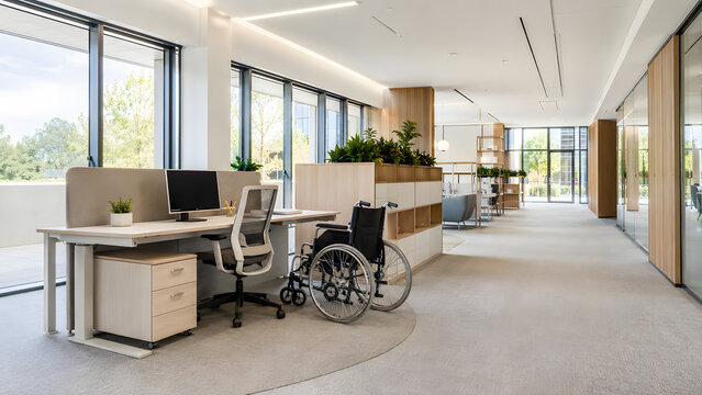 Modern accessible office interior with wheelchair friendly workspace open layout natural light ergonomic furniture and inclusive workplace design for business healthcare and corporate environments