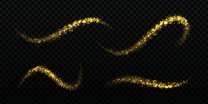 Gold dust trail with magical light effects and glittering star particles. Shimmering golden waves and vector elements with luxury shine. Sparkling flare with yellow confetti on transparent background.