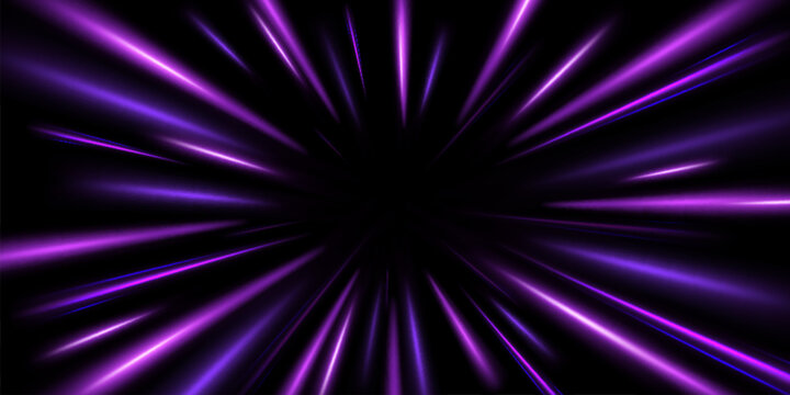Zoom effect with neon lines and radial burst on black background. Abstract speed rays with dynamic perspective of purple glow, warp motion and energy streaks for anime action and comic game graphics.