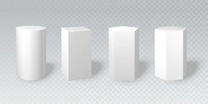 White 3D podium mockup with cylinder and rectangle designs. Isolated realistic pedestal with circular platform for product display. Modern stand base for gallery exhibitions and luxury showcases.