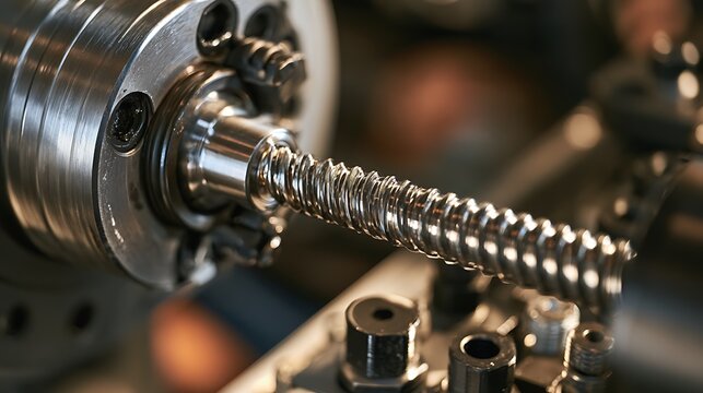 Industrial metal lathe machine cutting threads on a steel rod.