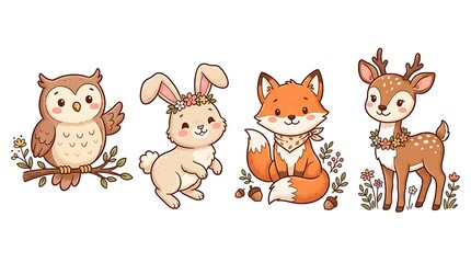 Fototapeta premium Cute woodland animal collection featuring an owl bunny fox and deer in a sweet artistic cartoon style on white background