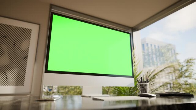 Desktop All in One Computer Green Screen Mockup in Modern Office with Swaying Plants Seamless Loop