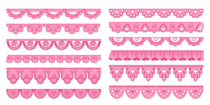 Scallop border lace pattern with trim and frame elements. Vector edge brush with flower crochet, simple ribbon design, cute floral embroidery tape and heart fabric decoration for scallop projects.